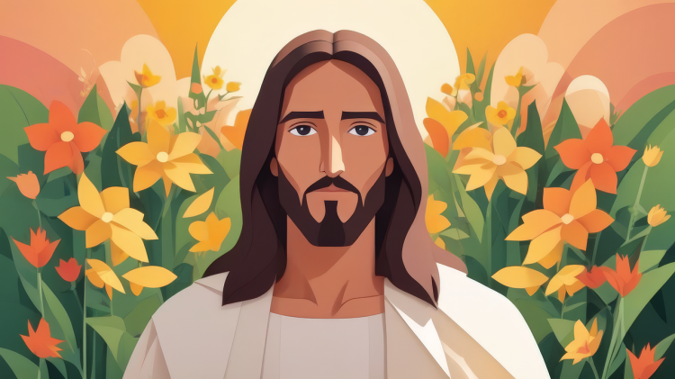 Piirroskuvassa (tekoäly) Jeesus seisoo kauniin kukkakedon keskellä ja katsoo suoraan katsojaa silmiin.