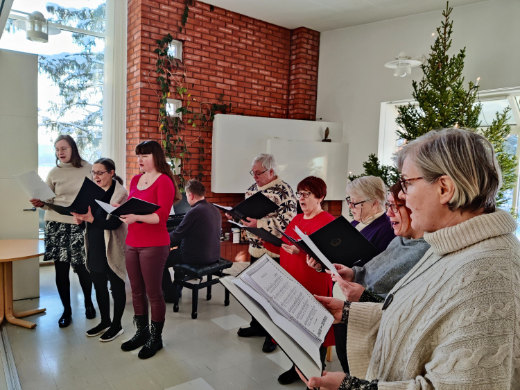 Kirkkokuorolaiset laulavat loppaisen lähetysjuhlassa värikkäisiin vaatteisiin pukeutuneena. Taustalla joulukuusi.