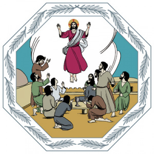 Piirroskuva, jossa Jeesus nousee taivaaseen opetuslasten läsnäollessa.
