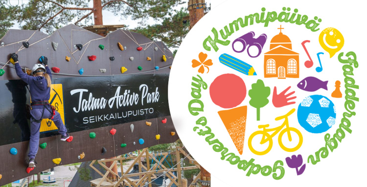 Kummipäivän retki Talman Active Park seikkailupuistoon Lapsi kiipeilee kiipeilyseinää ulkona Talman seikkailupuistossa. Kuvan vieressä kummipäivän värikäs logo.